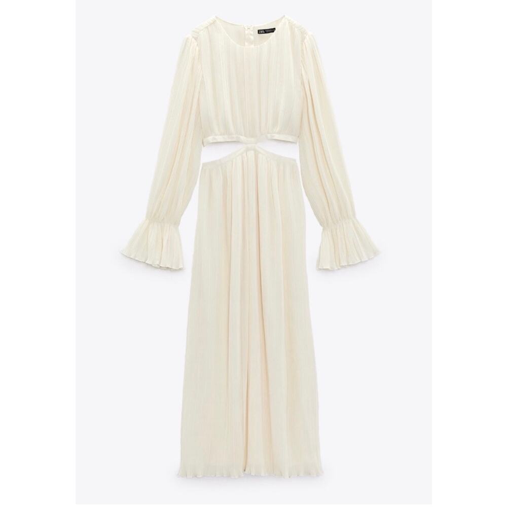 Zara Cutout Pleated Midi Dress Medium Ivory Cream Long Sleeve Flowy Cottagecore - Picture 4 of 15